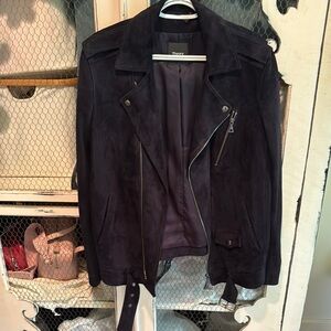 Theory navy lambskin suede moto jacket, size L, EUC, $200